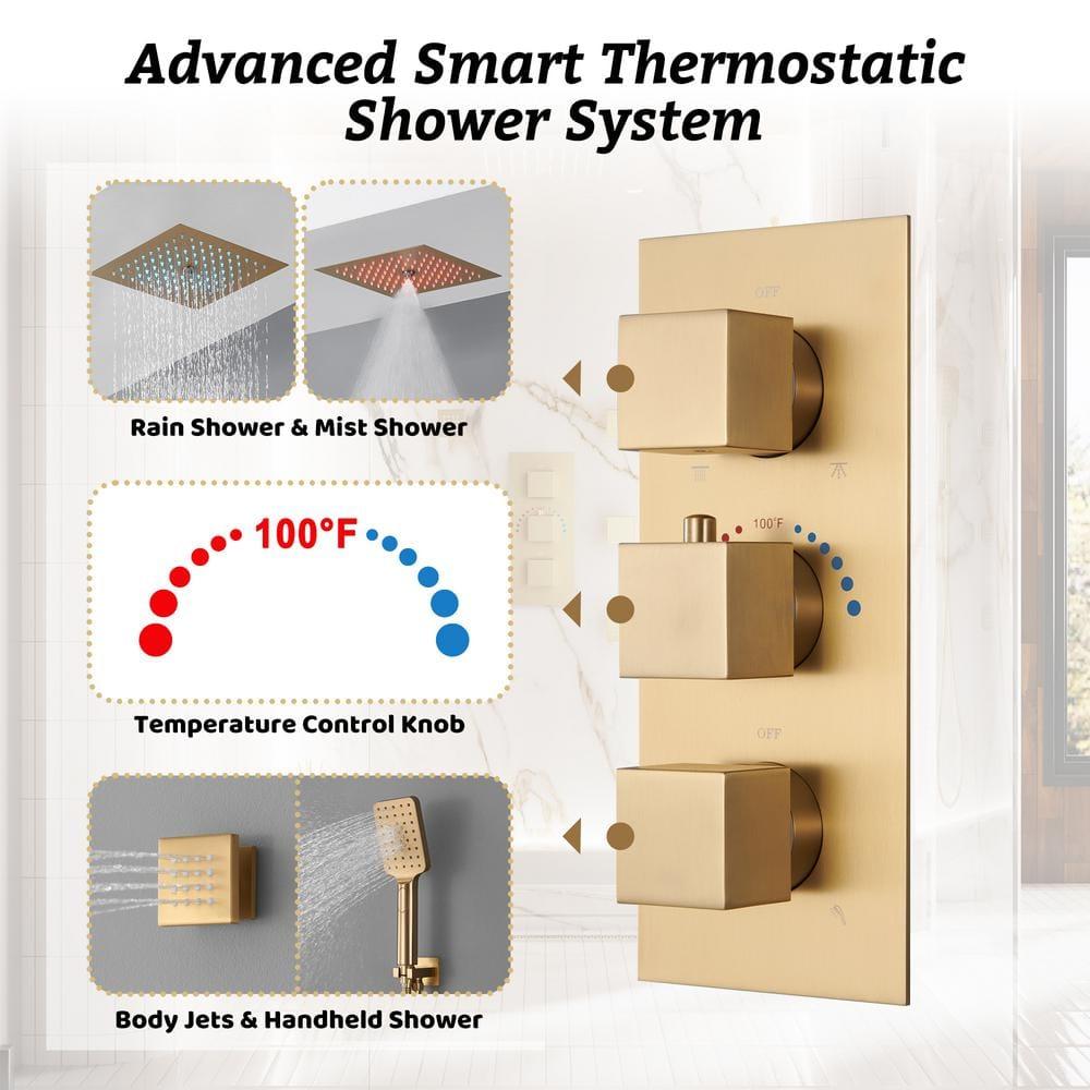 12" Flush Mounted Luxury Thermostatic Rainfall Shower System with LED and 6 Body Jets