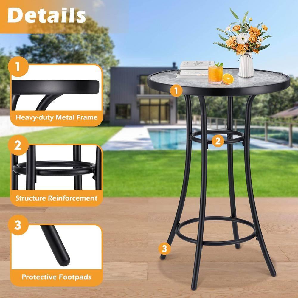 Bar Height Patio Glass Table, 2-Tier High Top Outdoor Metal All-Weather Round Bistro Table With Tempered Glass Top for Balcony Backyard Pool, Black