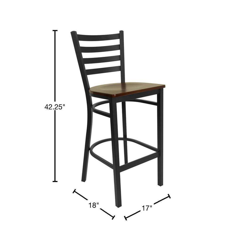 Flash Furniture HERCULES Series Black Ladder Back Metal Restaurant Barstool - Mahogany Wood Seat