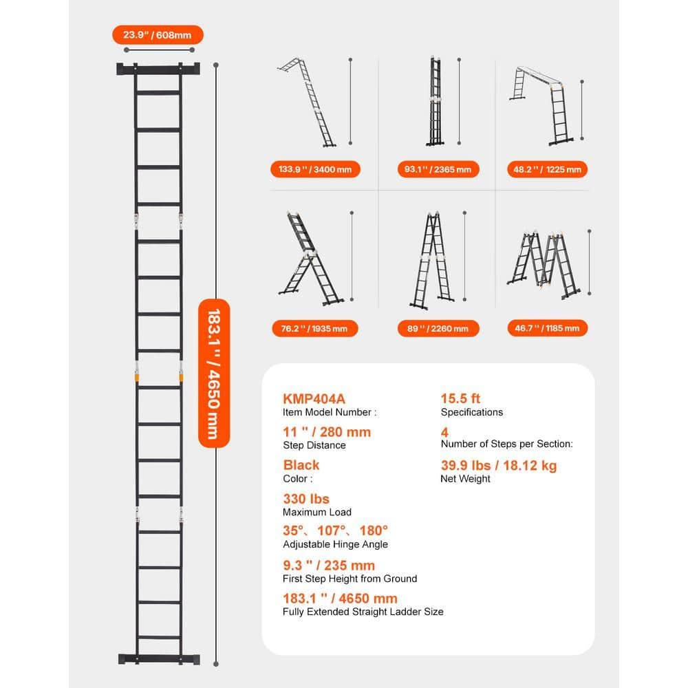 VEVOR Escalera Plegable Multiusos, Escalera de Extensión 7 en 1 de Altura, un Marco de 4 Escalones con Escalera Telescópica con Tablón de Andamio, Altura de Alcance de 15,5 Pies para Trabajo Pesado, Capacidad de 330 Libras para el Hogar Al Aire Libre
