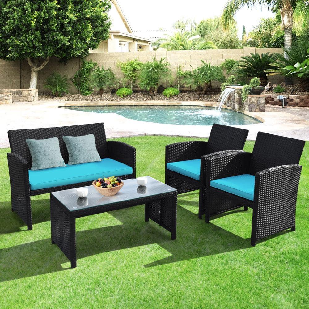 Resenkos 4 Pieces Patio Rattan Furniture Set, Outdoor Patio Furniture Set with Weather Resistant Cushions and Tempered Glass Tabletop-Turquoise