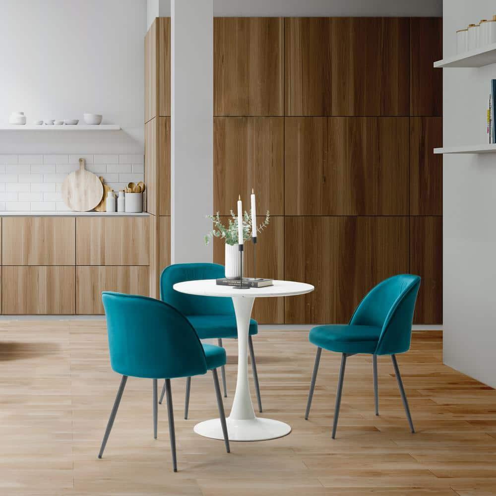 CorLiving Ivo Modern Round White Marbled Engineered Wood and Steel Pedestal Dining Table - Small Pedestal Dining Room Table for 3, Ideal Small Round Kitchen Table, Bistro Cafe Table