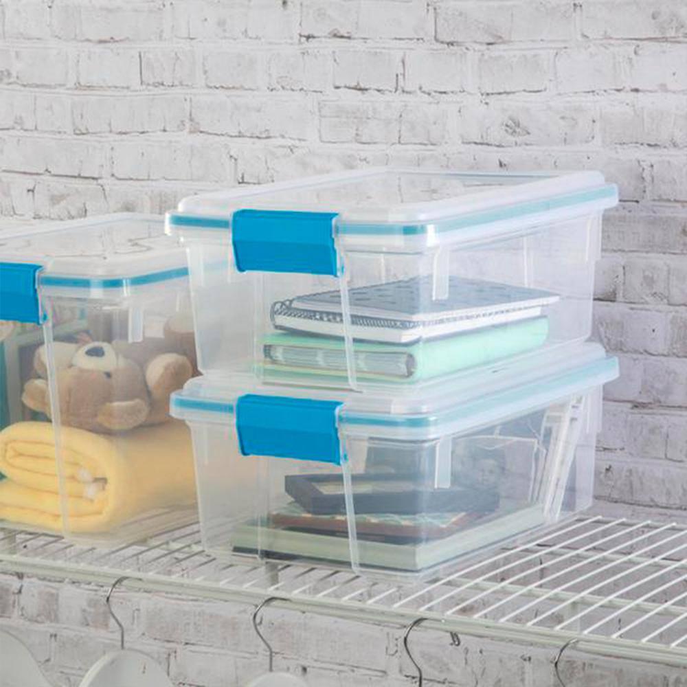 Sterilite 12 Qt Gasket Box, Stackable Storage Bin with Latching Lid and Tight Seal Plastic Container to Organize Basement, Clear Base and Lid, 12-Pack