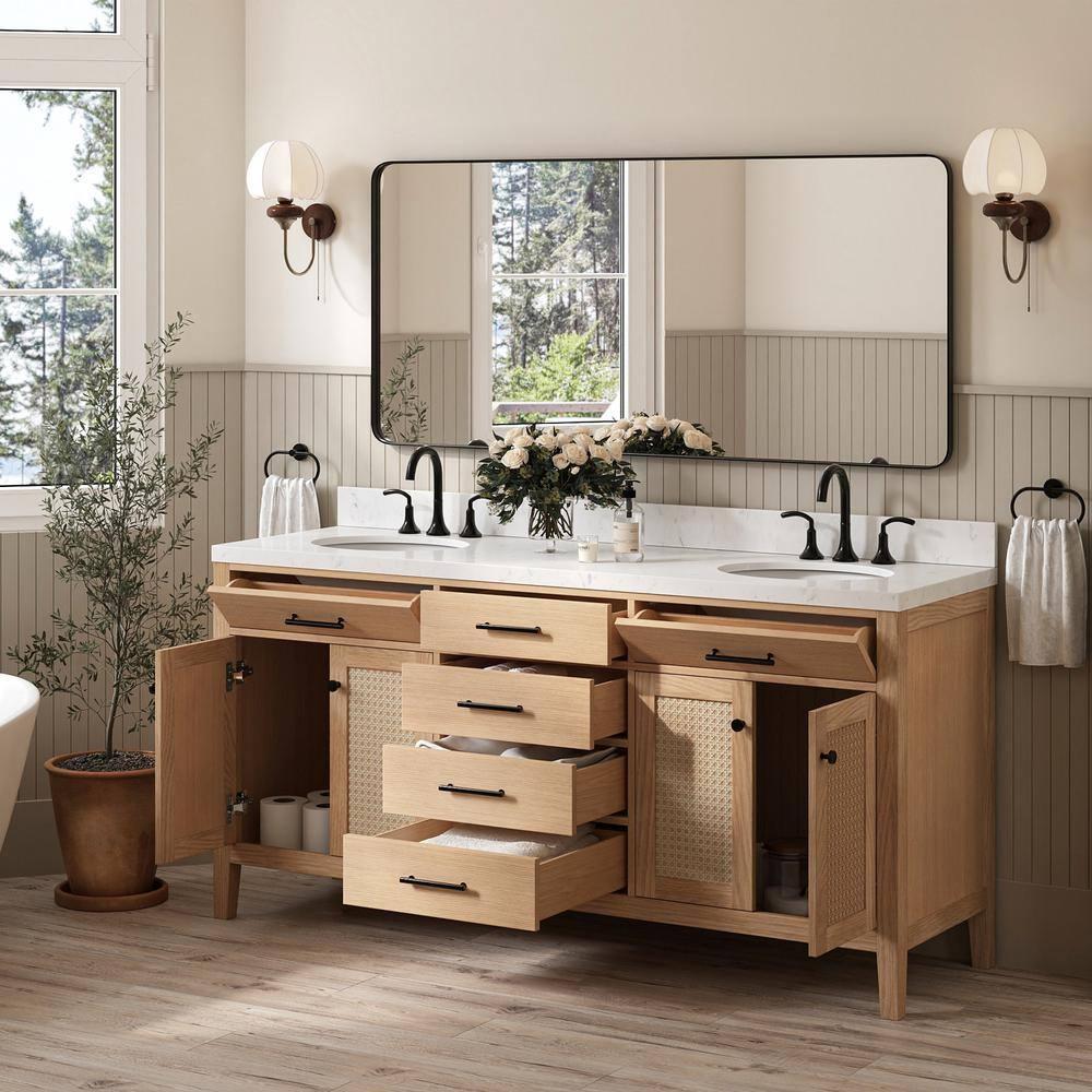 Camila 72 in. W x 22 in. D x 36 in. H Double Oval Sink Bath Vanity in White Oak with Carrara White Quartz Top
