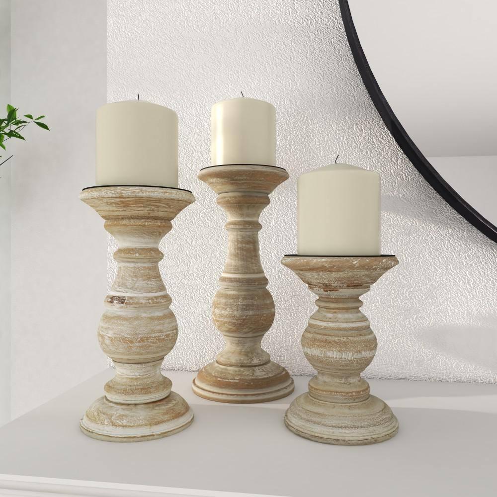 DecMode Traditional and Timeless Mango Wood Pillar Candle Holder Set of 3, 6", 8", 10"H, Cream Finish