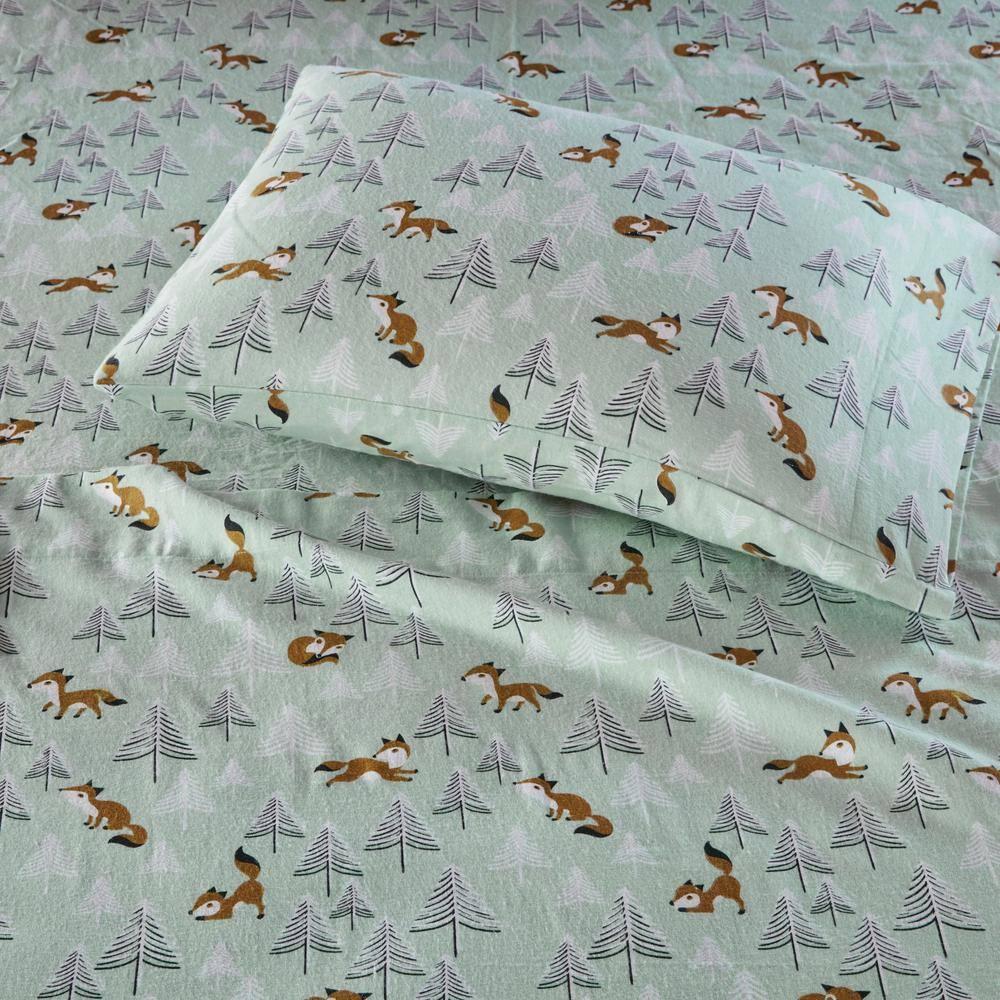 Intelligent Design Cozy Soft 4-Piece Full Cotton Flannel Printed Sheet Set, Seafoam Foxes