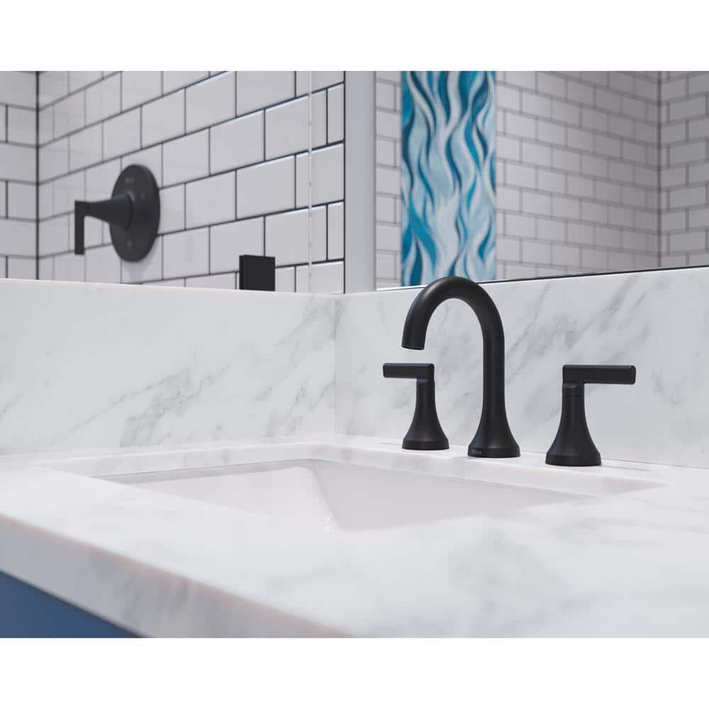 Vedra 8 in. Widespread Double Handle High Arc Bathroom Faucet with Drain Kit Included in Matte Black