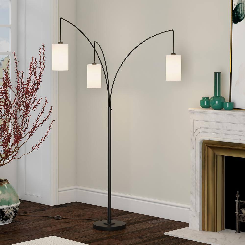 Hudson and Canal 3-Light Torchiere Floor Lamp with Fabric Shade Blackened Bronze/White: Metal Body, Push Button Foot Switch