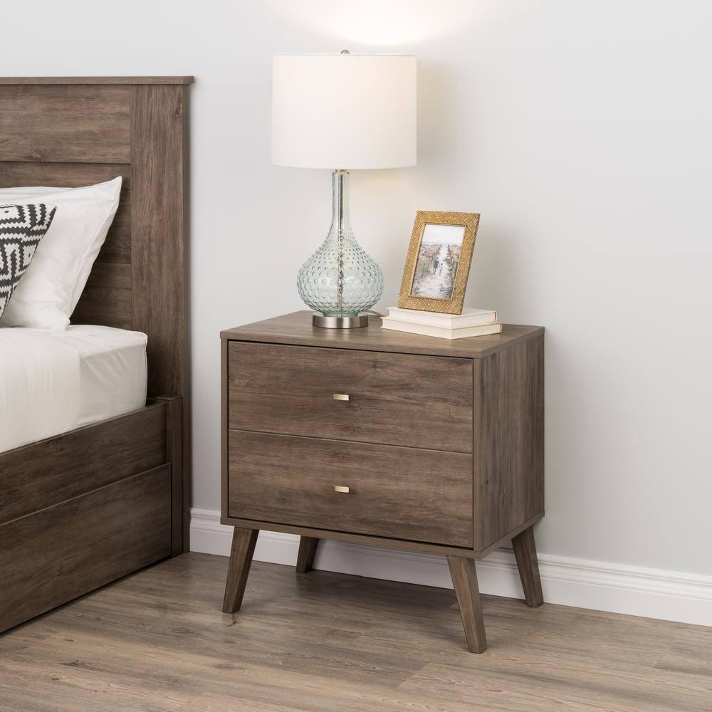 Prepac Mid Century Modern 2 Drawer Wide Nightstand Drifted Gray : Rubberwood Construction, Rectangle Shape, 25" Height