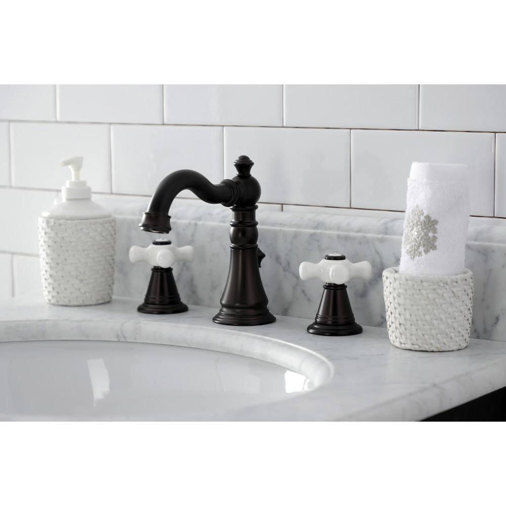 Kingston Brass American Classic Two-Handle 3-Hole Deck Mount Widespread Bathroom Faucet with Pop-Up Drain