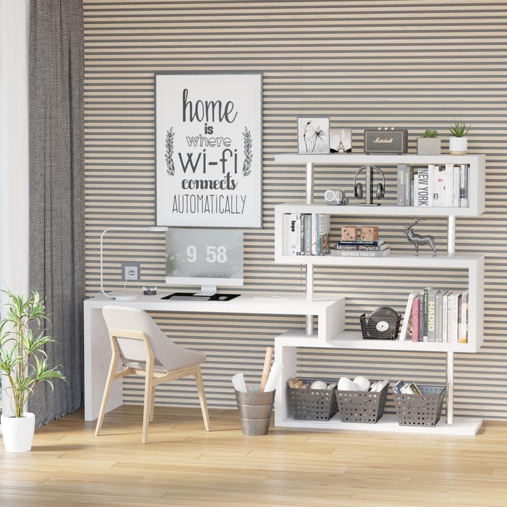 HomCom Modern L-Shaped 360° Rotating Computer Desk Corner Home Office Study Workstation with 5-Tier Storage Shelves, Bookshelf, White