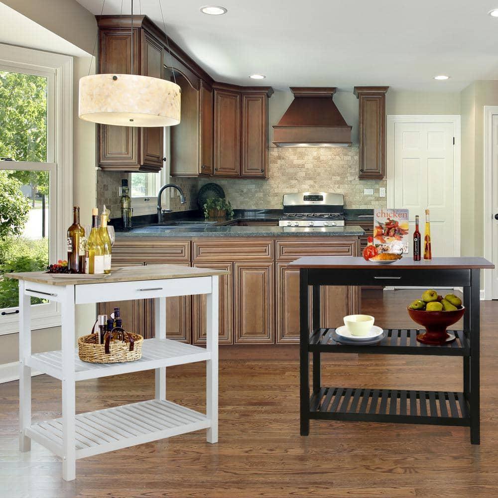 Casual Home Kitchen Island Bar Station with Hardwood Counter and Storage, White