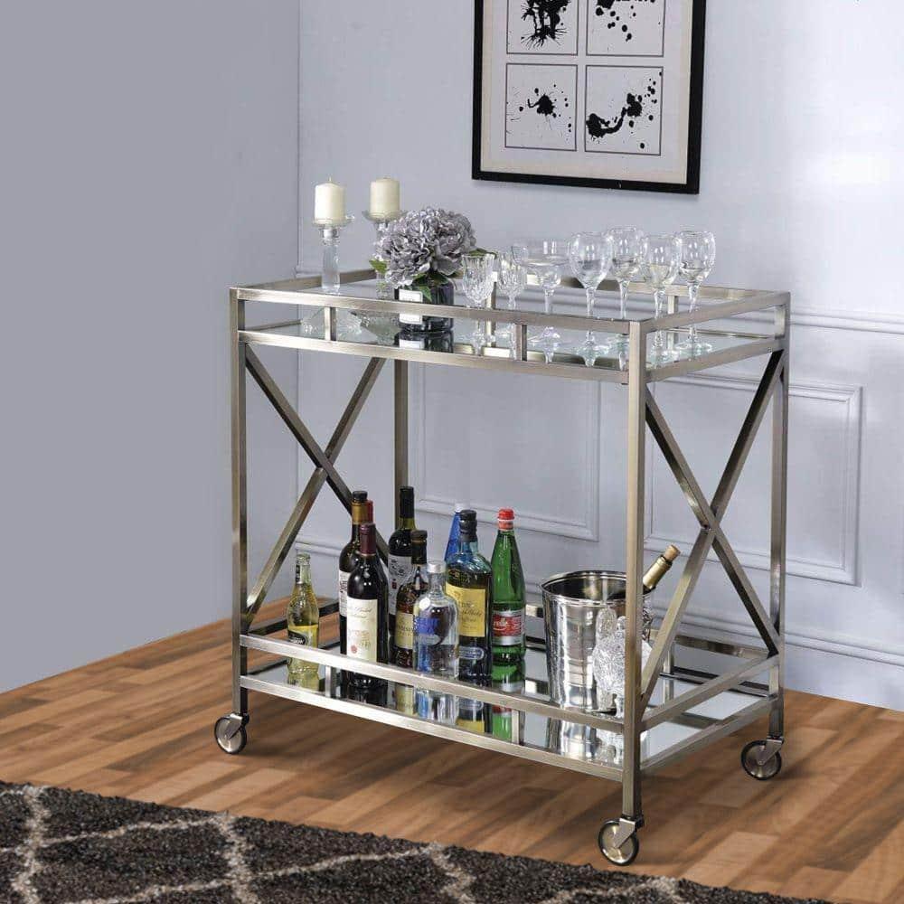 Benzara Metal Framed Two Tier Serving Cart with X Shaped Side Panels, Mirrored, Antique Gold