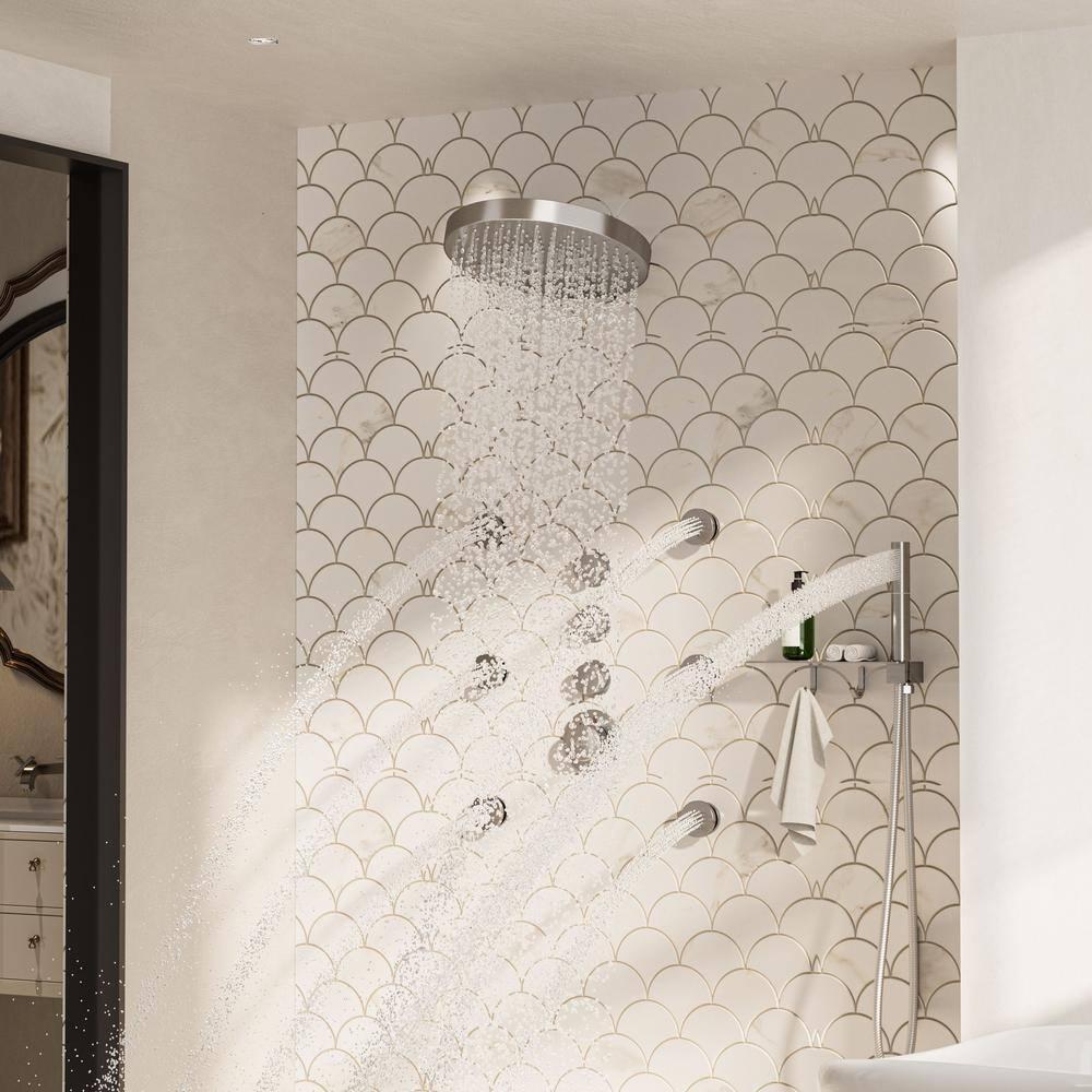 Rainfall Thermostatic Shower System with Body Jets, 2-Sprays Shower Head and a Shelf