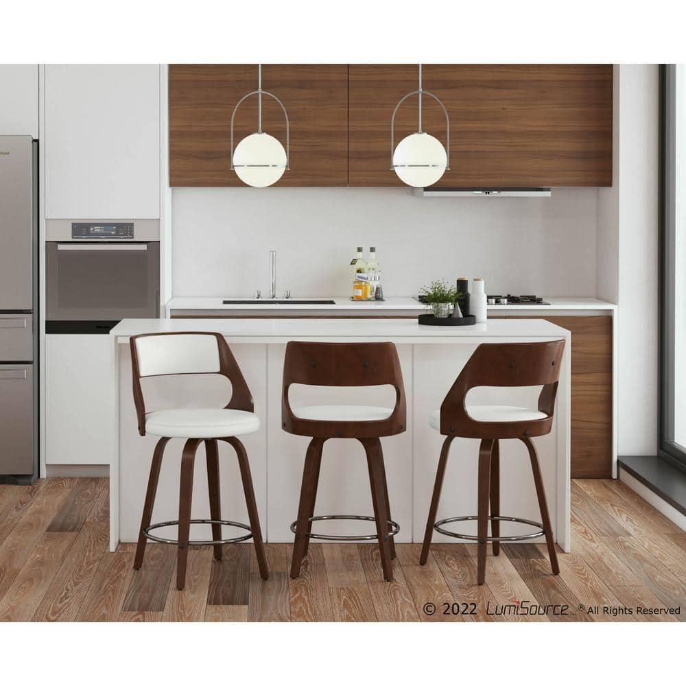 Set of 2 Cecina Upholstered Counter Height Barstools White/Cherry - Lumisource: Chrome Footrest, Swivel Seat, Wood Frame