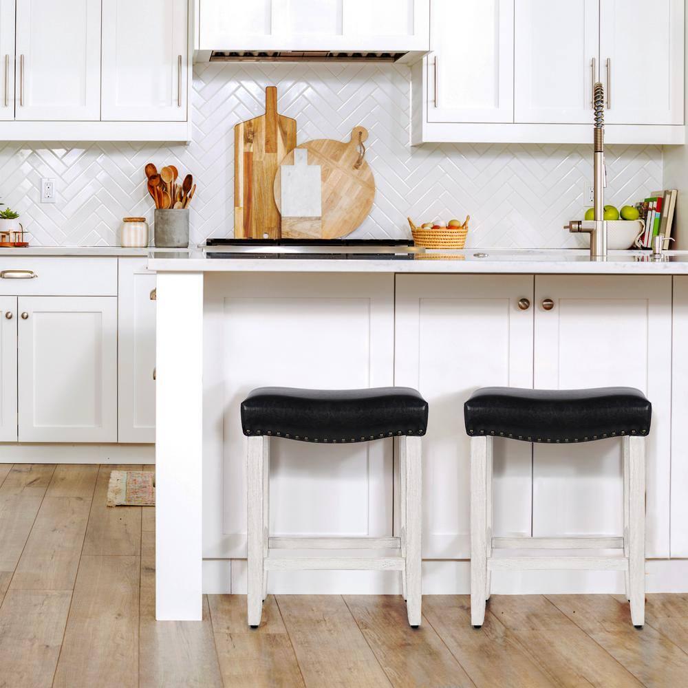 Polytrends Jameson Upholstered Polyester Antique White 24 Inch Counter Stool (Set Of 2) Antique White/Black Wood Rubberwood Footrest Leather Glam