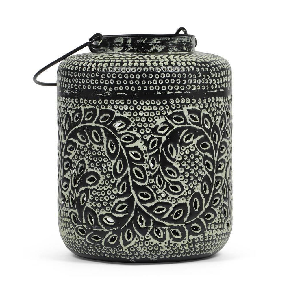 Noble House Meagher Iron Large Handcrafted Decorative Lantern, Green Patina and Black