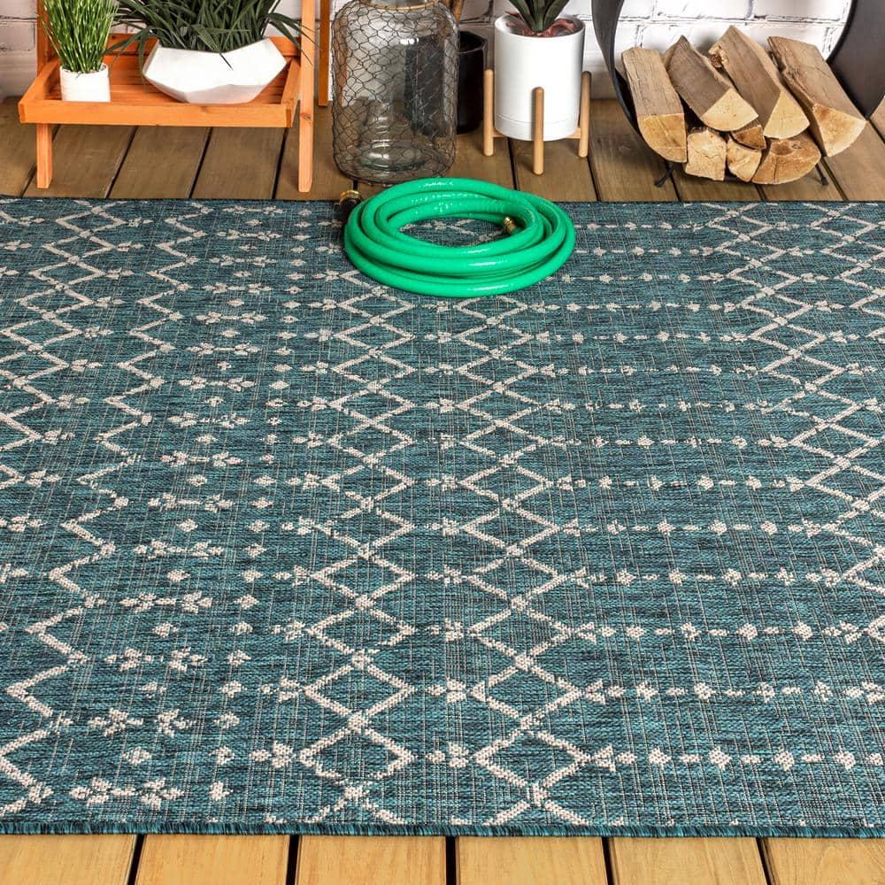 5'x8' Ourika Moroccan Geometric Textured Weave Indoor/Outdoor Area Rug, Teal/Gray - JONATHAN Y