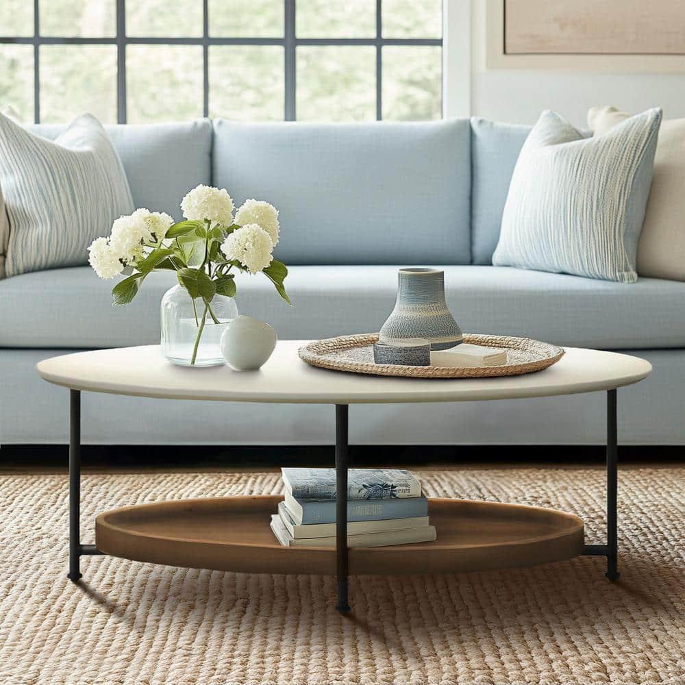Blandford Coffee Table White/Natural - Madison Park: Metallic Finish, Open Shelf, Oval Shape for Living Room