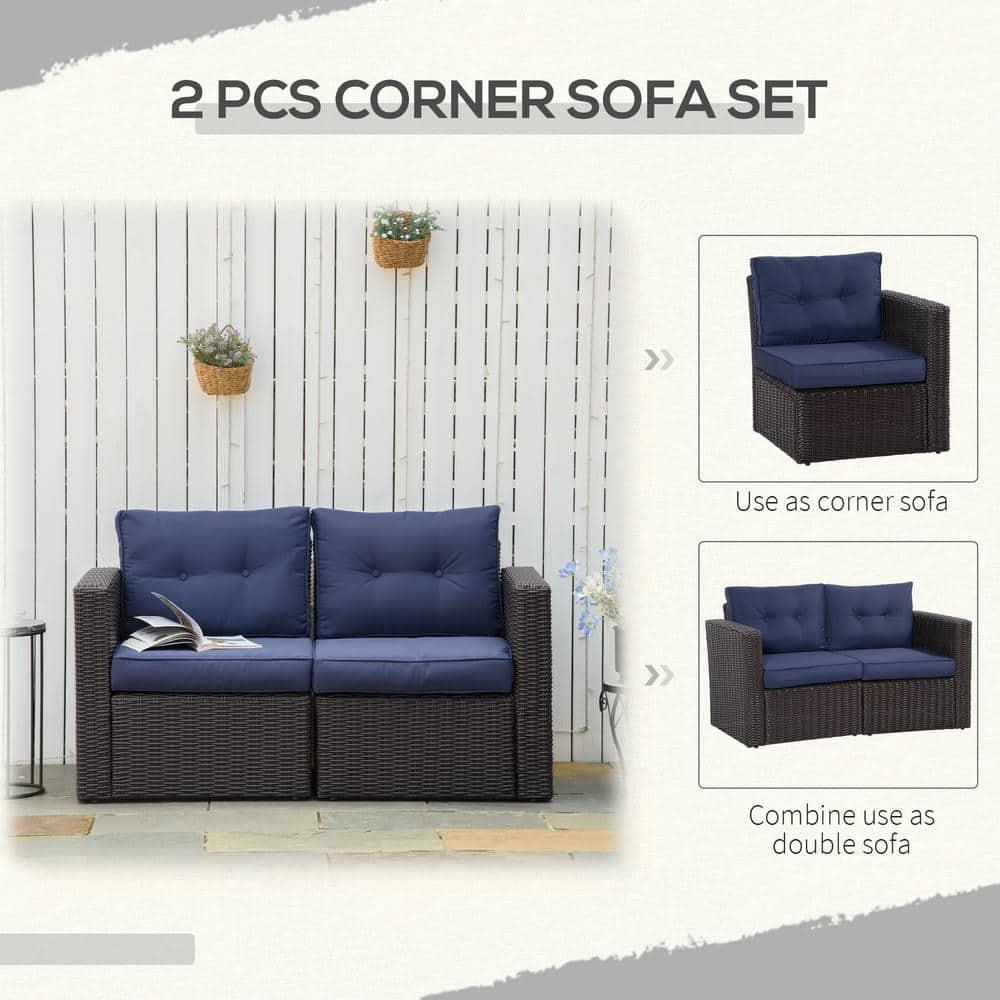 Outsunny 2 Piece Patio Wicker Corner Sofa Set, Outdoor PE Rattan Furniture, with Curved Armrests and Padded Cushions for Balcony, Dark Blue