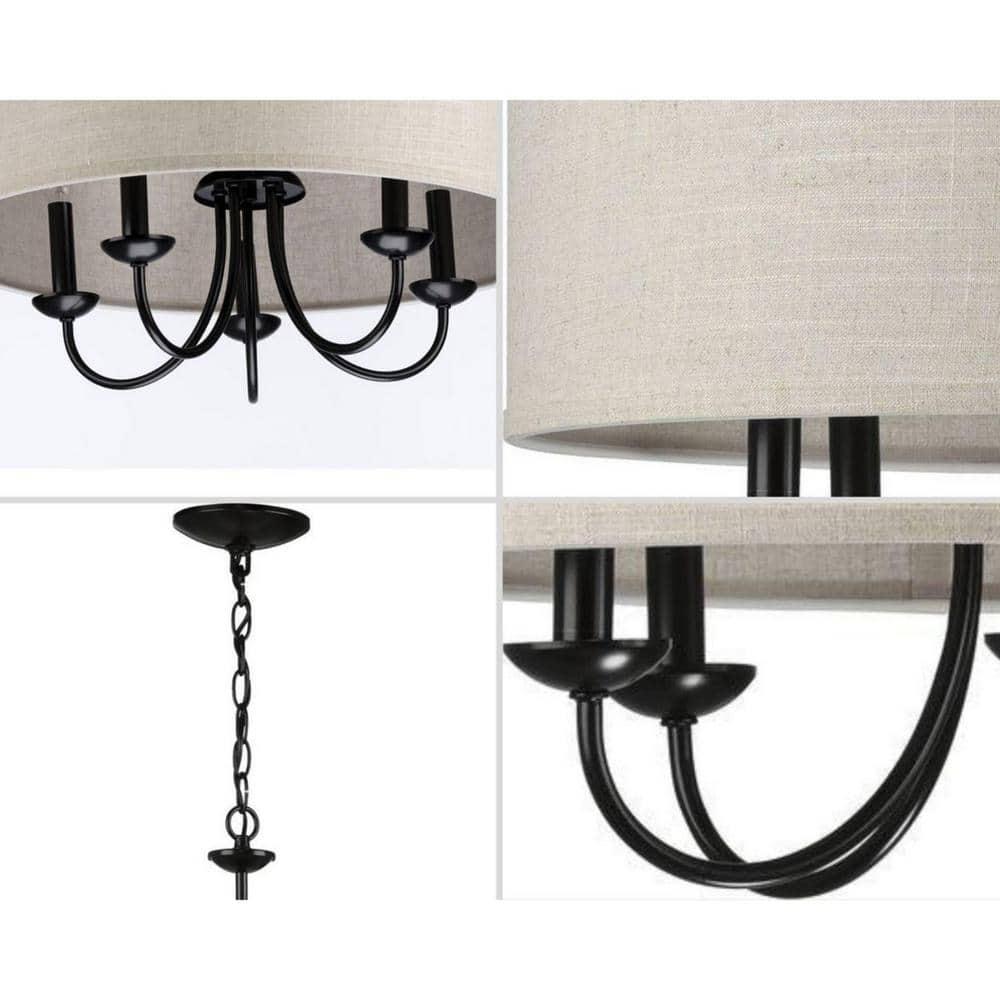 Progress Lighting, Drum Shade Collection, 5-Light Pendant, Black Finish, Harvest Linen Shade