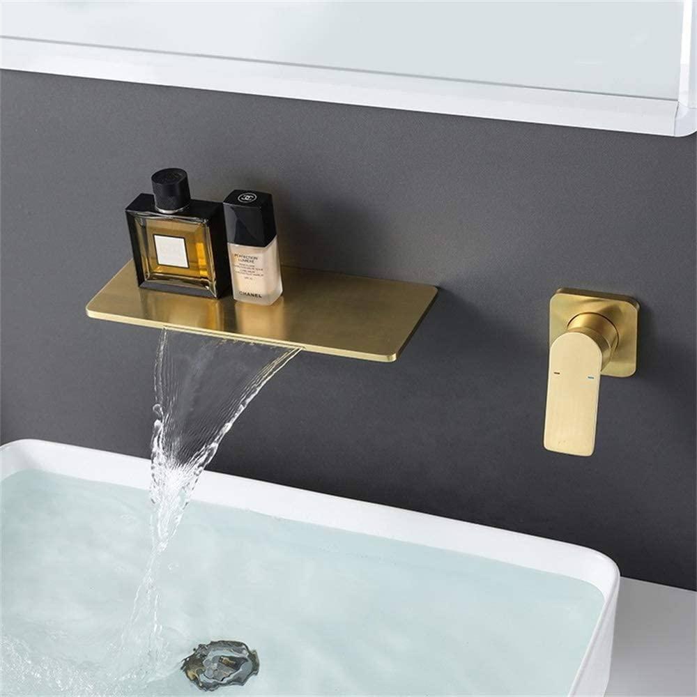 Bathroom Faucet Waterfall Bathroom Sink Faucet Brushed Gold Brass Basin Mixer Tap Single Handle Basin Tap Wall Mounted Lavatory Faucet with Cold and Hot Water