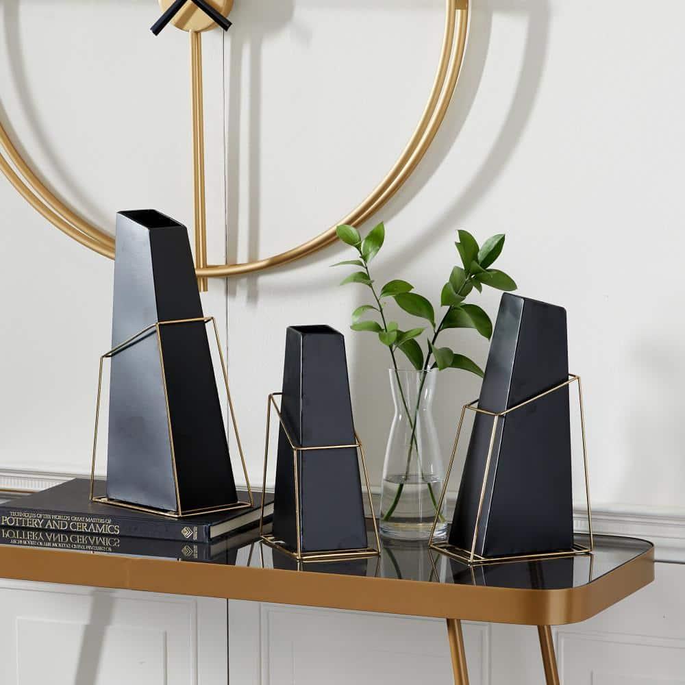 DecMode 10", 12", 14"H Black Metal Vase with Gold Wire Accents, Set of 3