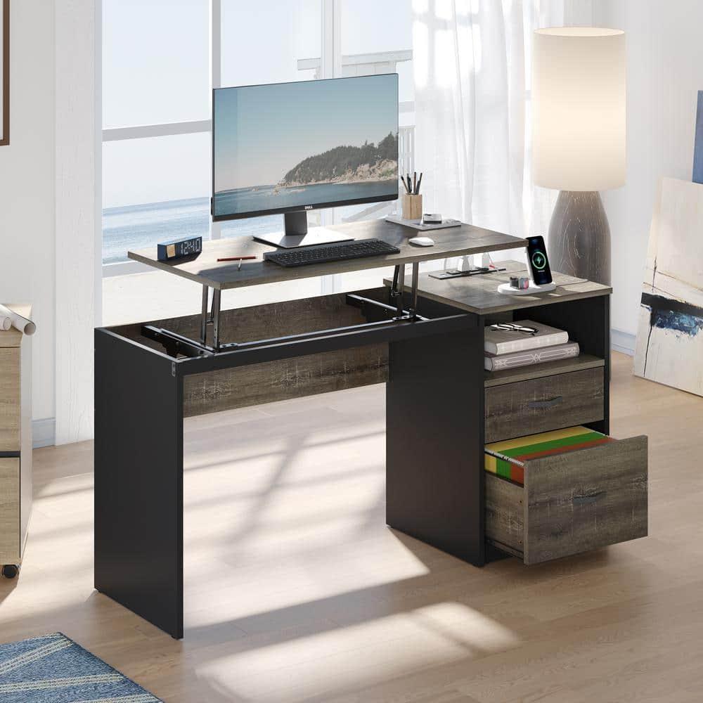 Bestier 60" L Shaped Desk with Power Outlets & Drawer, Lift Top Corner Computer Desk with Storage Shelves, Large Workstation for Home ,Gray