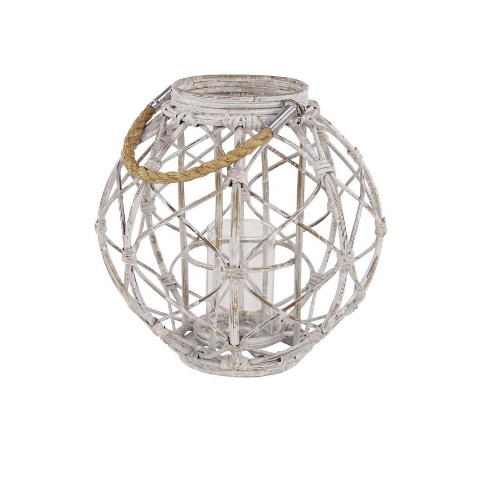 Decmode Large Round Woven Rattan White Lantern with Burlap Jute Rope Handle and Glass Insert, 15” x 15”