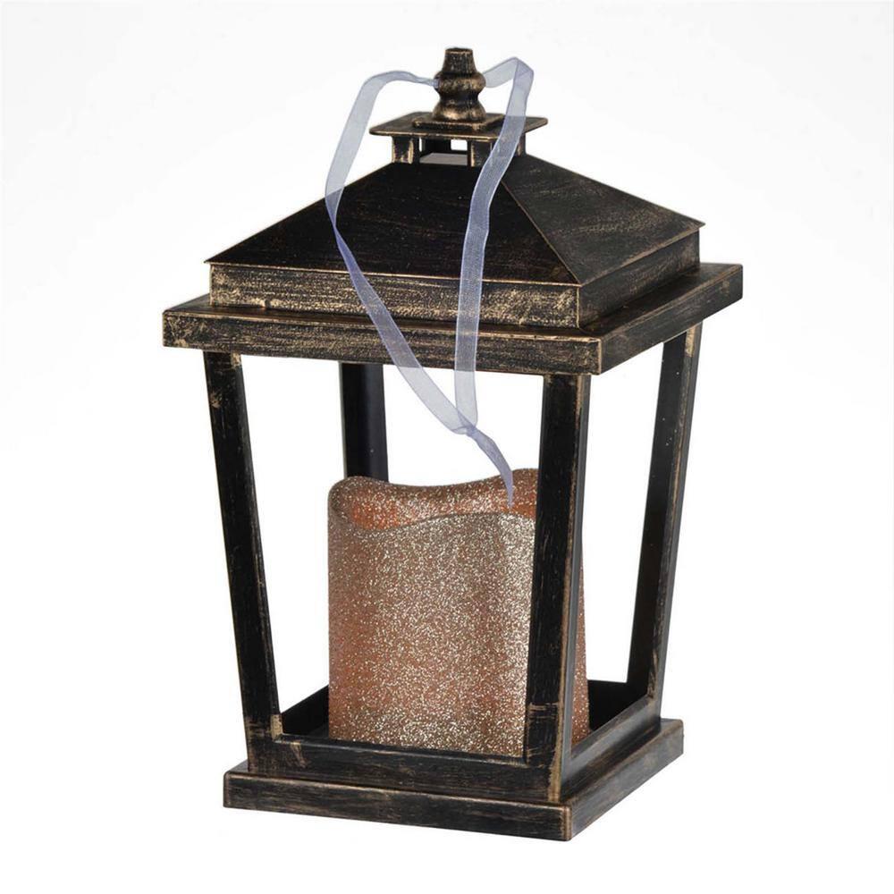 Gzxs Outdoor Lanterns with LED Pillar Candle, 8.9 Inch, 2 Pack, Hanging Decorative Candle Lamp Holder for Porch, Floor or Patio Home Decor (Antique Bronze)