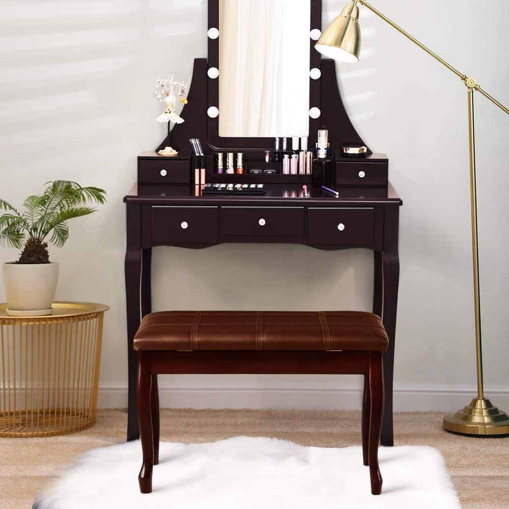 Costway Solid Wood Piano Bench PU Leather Keyboard Seat Storage Brown