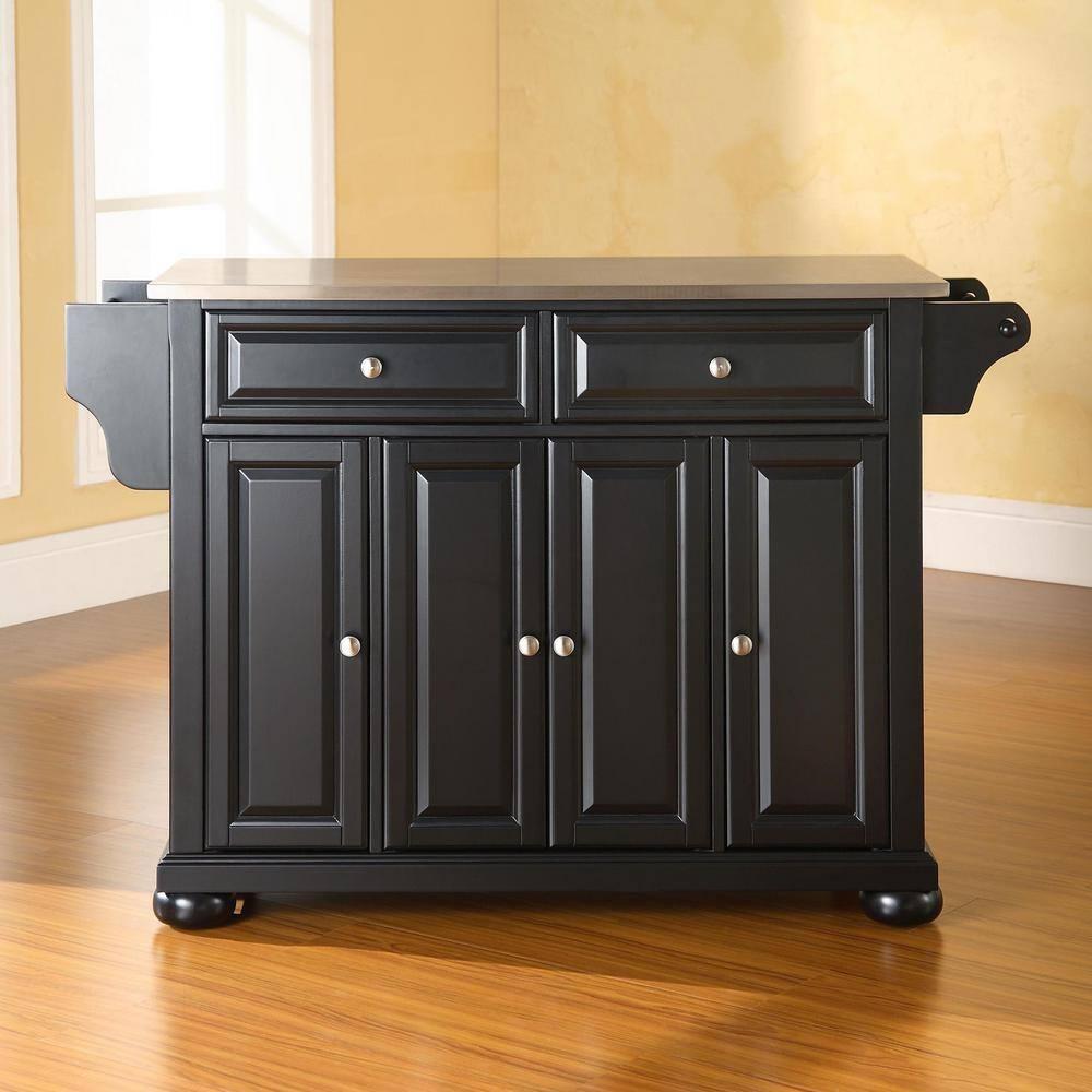 Alexandria Stainless Steel Top Kitchen Island Wood/Black - Crosley: Hardwood Frame, 6 Shelves, 2 Drawers