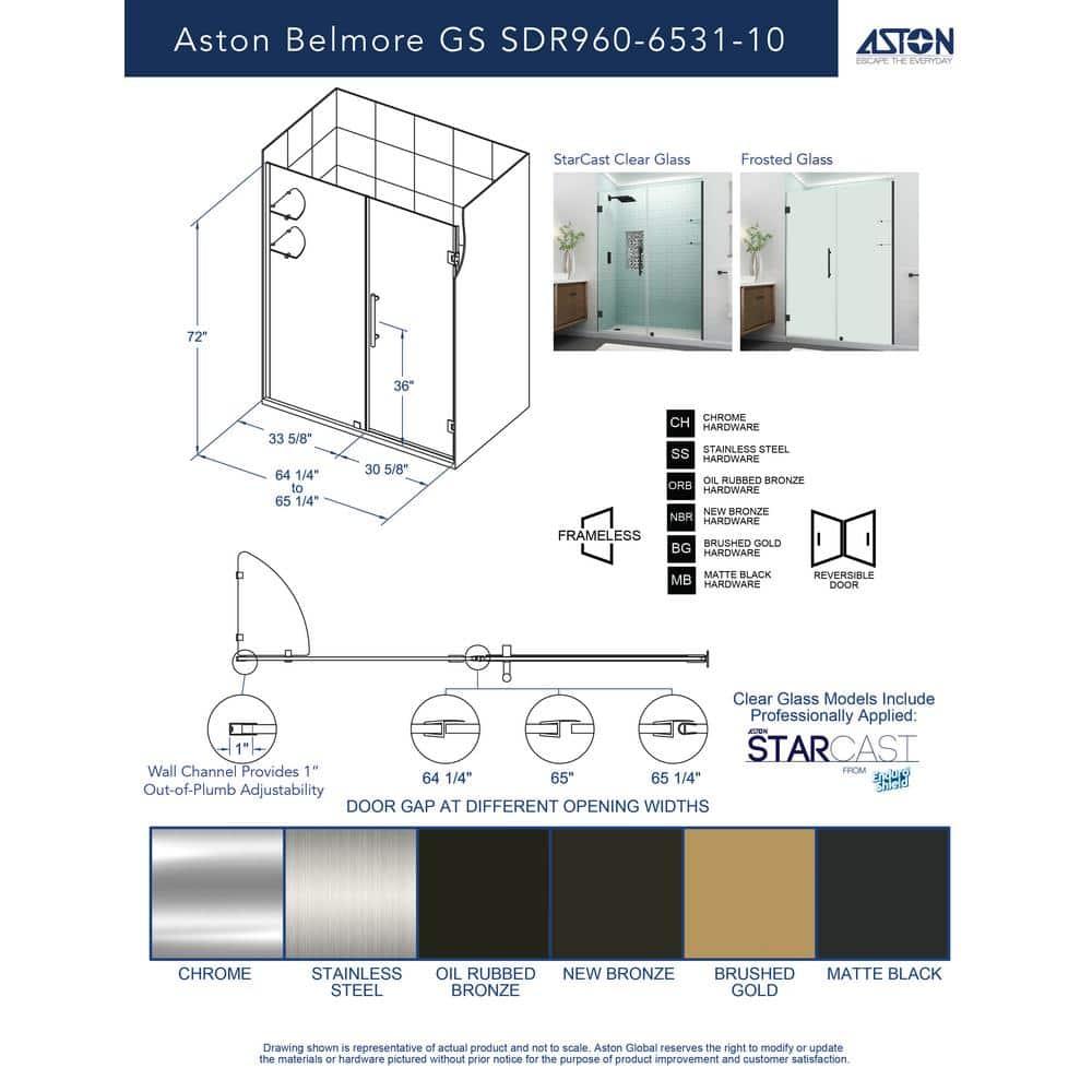 Belmore GS 65" W x 72" H Hinged Frameless Shower Door
