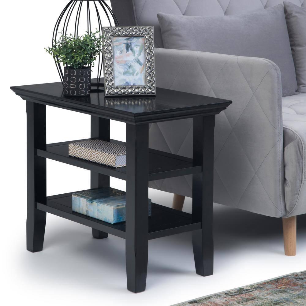 Simpli Home Acadian Wood 14" Rectangle Transitional Narrow Side Table in Black