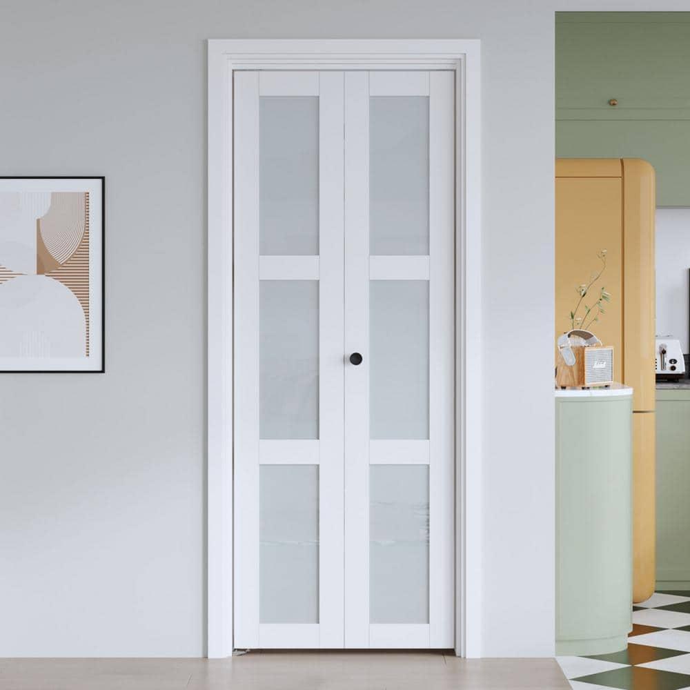 EASELIFE Frosted Glass And Solid Manufactured Wood Bi-Fold Door With Installation Hardware Kit