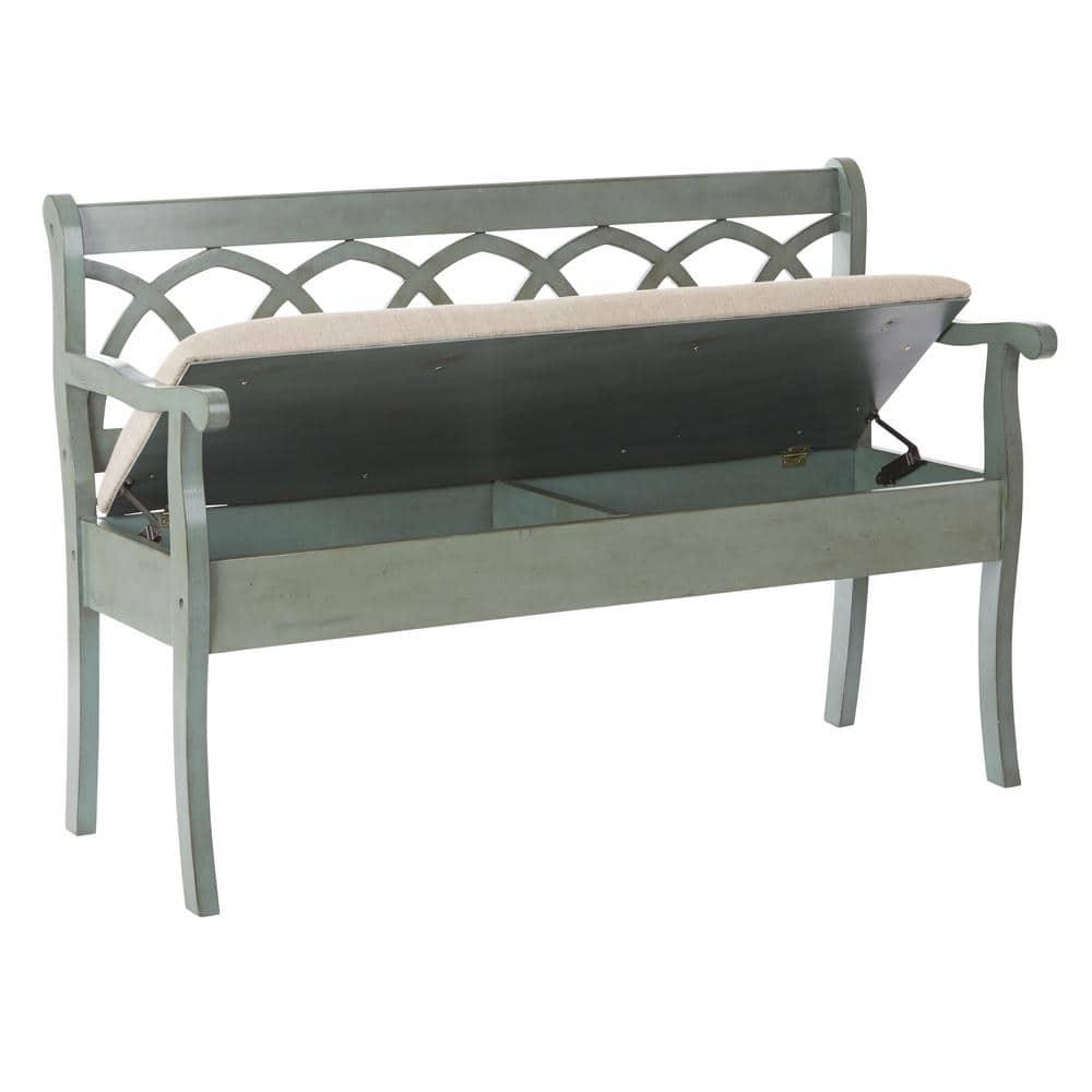 OSP Home Furnishings Coventry Storage Bench in Antique Sage Frame and Beige Seat Cushion K/D