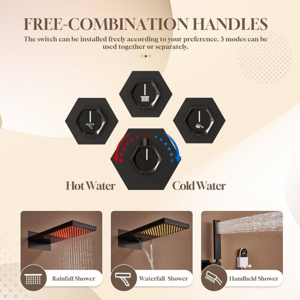 Large Matte Black Dual Shower Head System with LED and Bluetooth Speaker