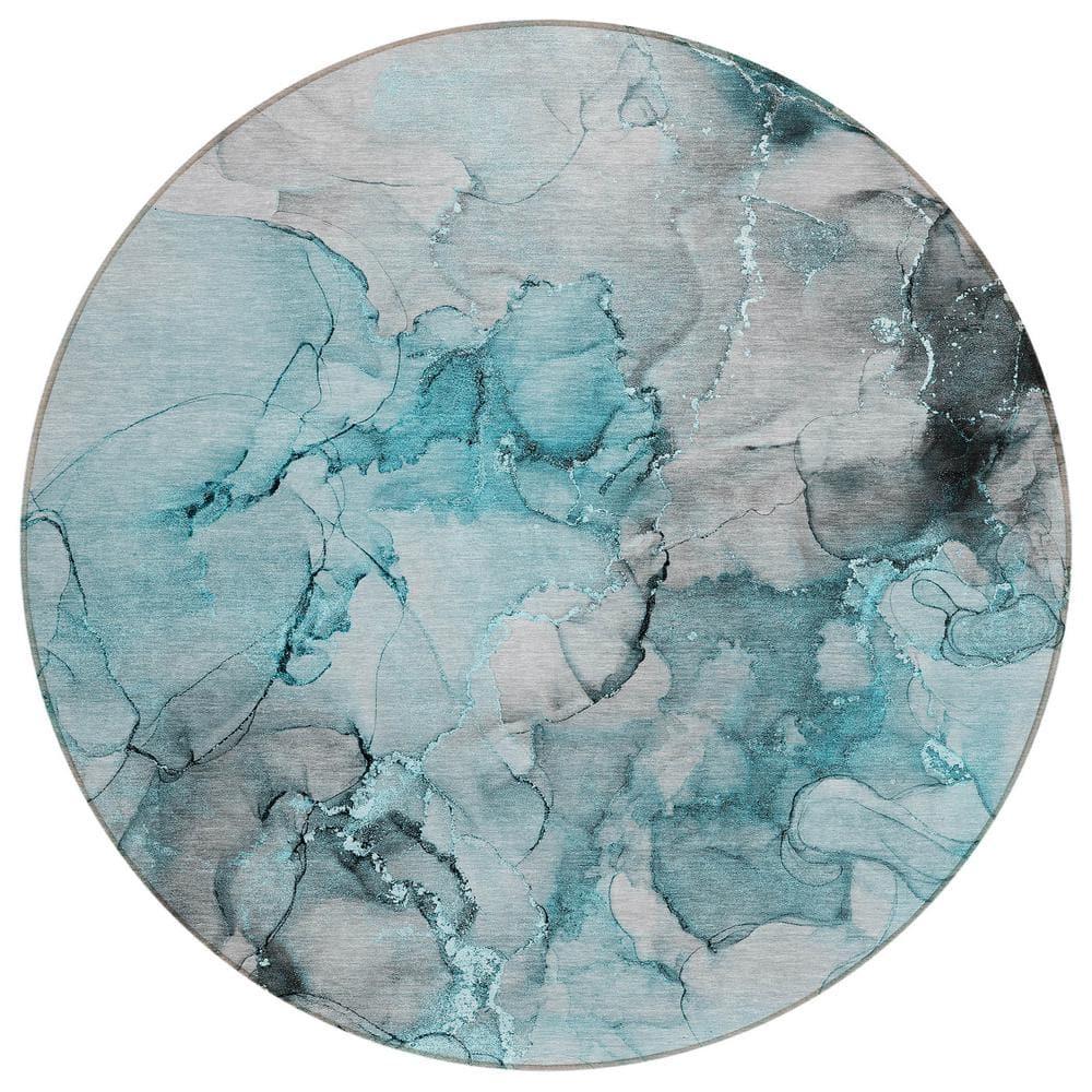 Teal and Gray Round Machine Washable Area Rug