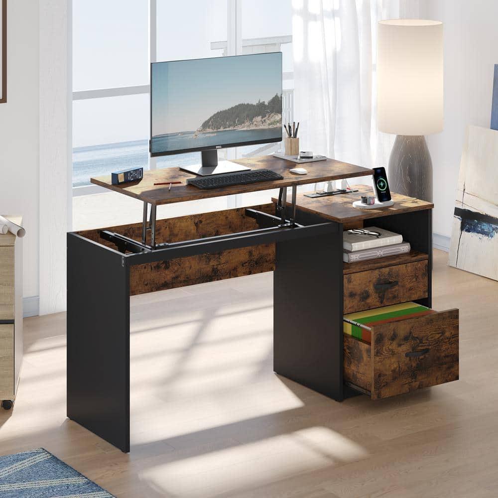 Bestier 60 Inch Home Office Desk with Power OutLets Rustic Brown