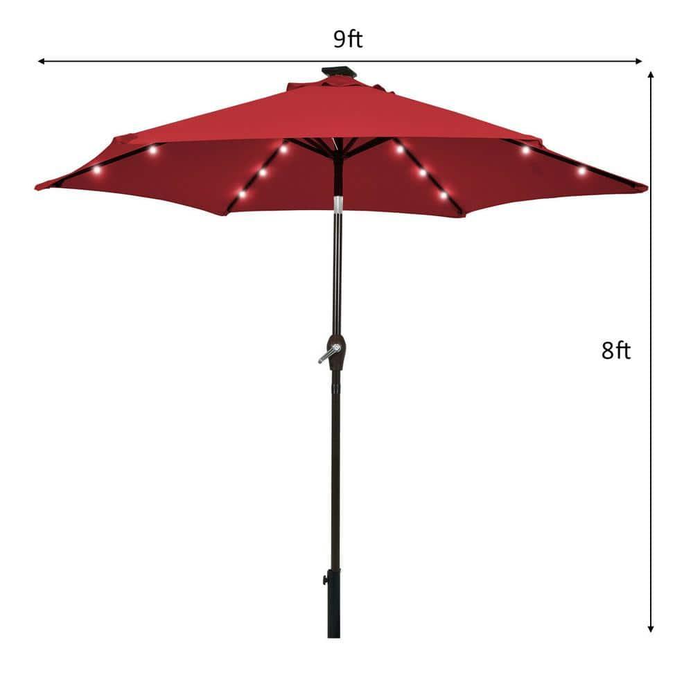 Kadyn Outdoor Patio Umbrella, Outdoor Market Table Umbrella, 9 Feet Solar LED Lighted Patio Market Umbrella Tilt Adjustment Crank Lift-Dark Red