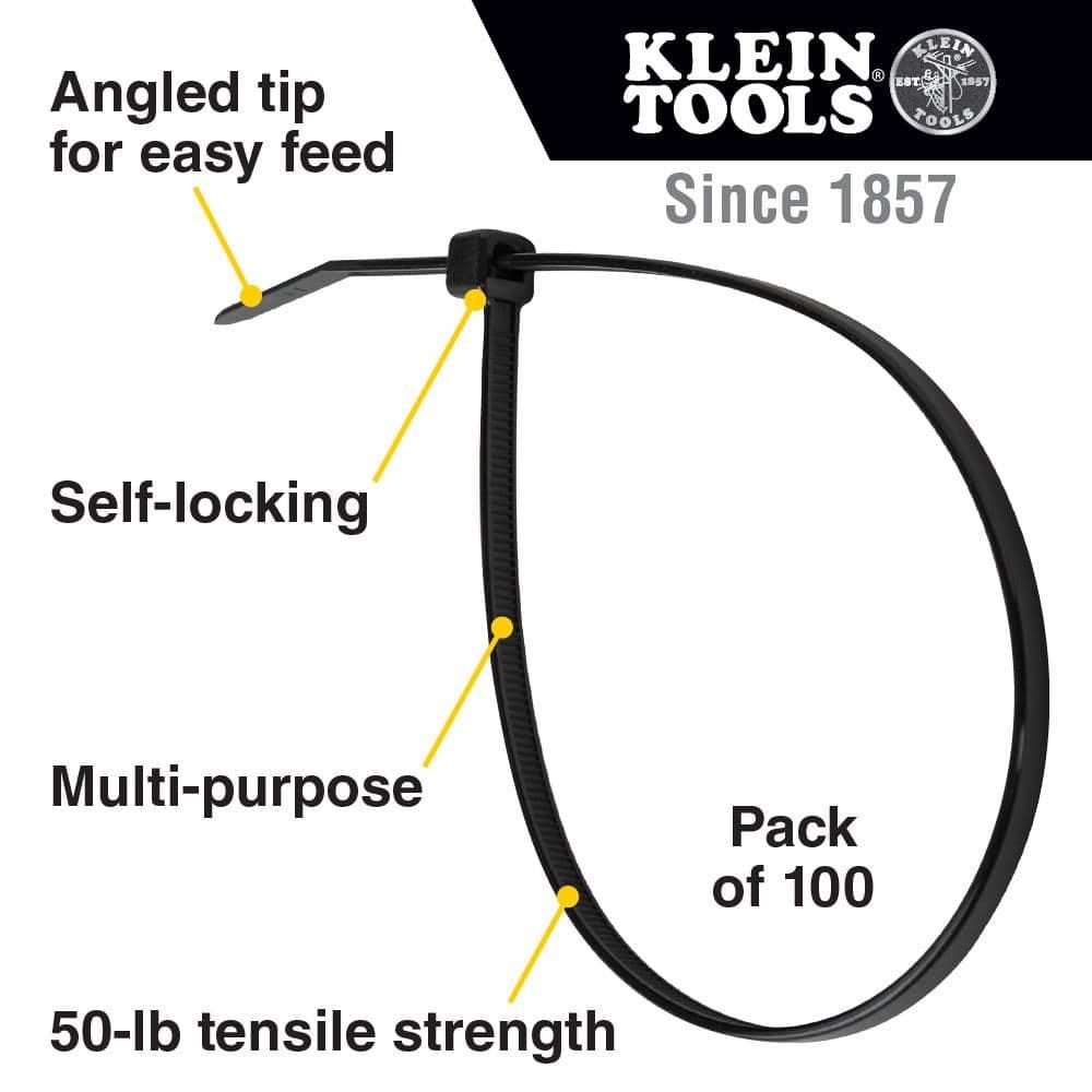 Klein Tools 450-200 100-Piece 7.75 in. 50 lbs. Tensile Strength Heavy Duty Nylon Cable Zip Tie Set - Black
