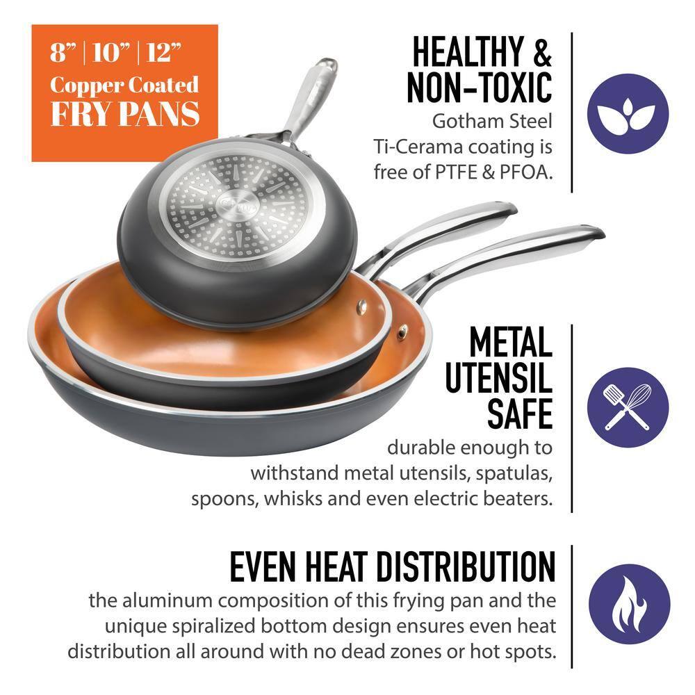 Gotham Steel Gotham Steel Copper 3 Piece Nonstick Fry Pan Set - 8'',10'', And 12''