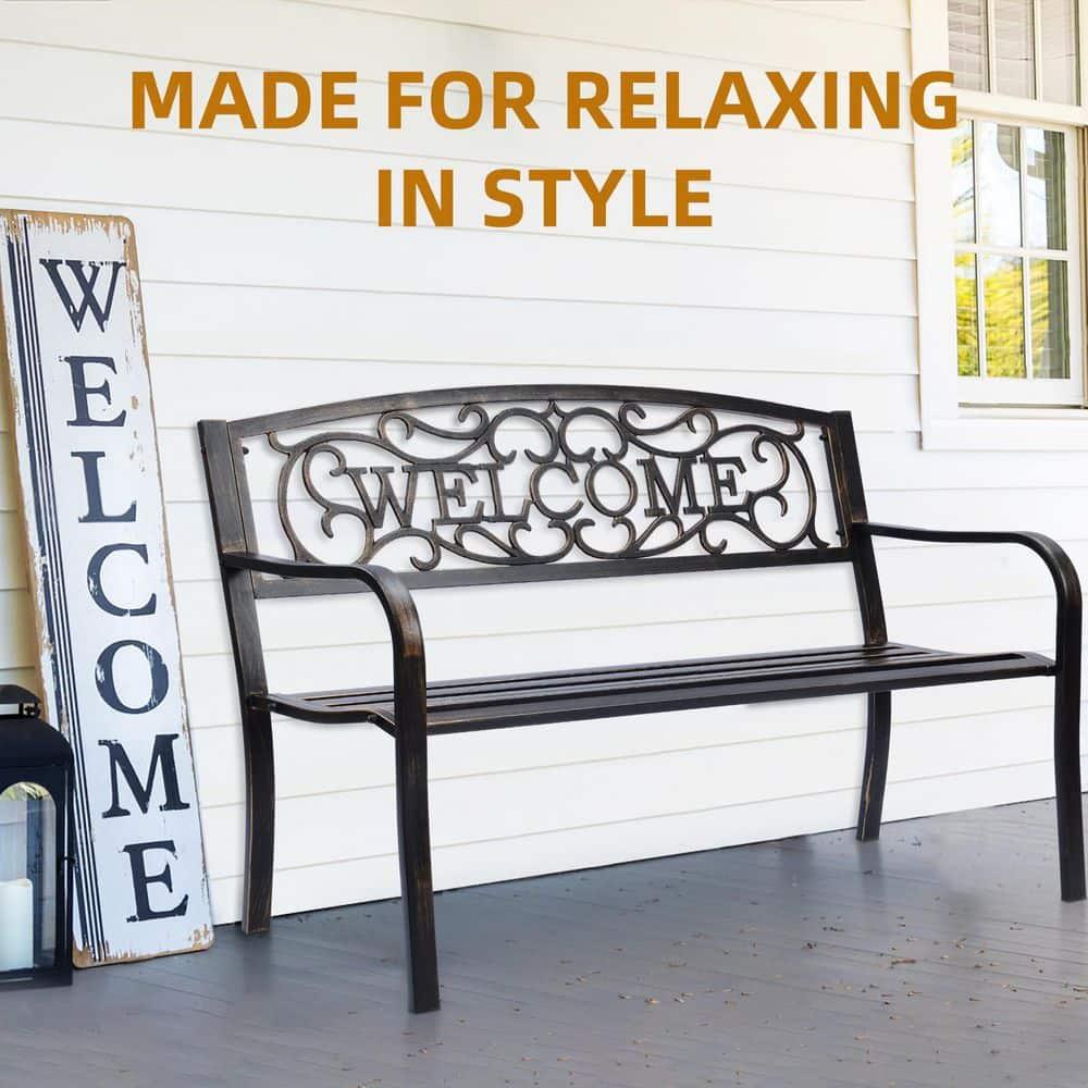 Topcobe Outdoor Furniture Steel Frame Porch Garden Bench, Patio Furniture, Bronze