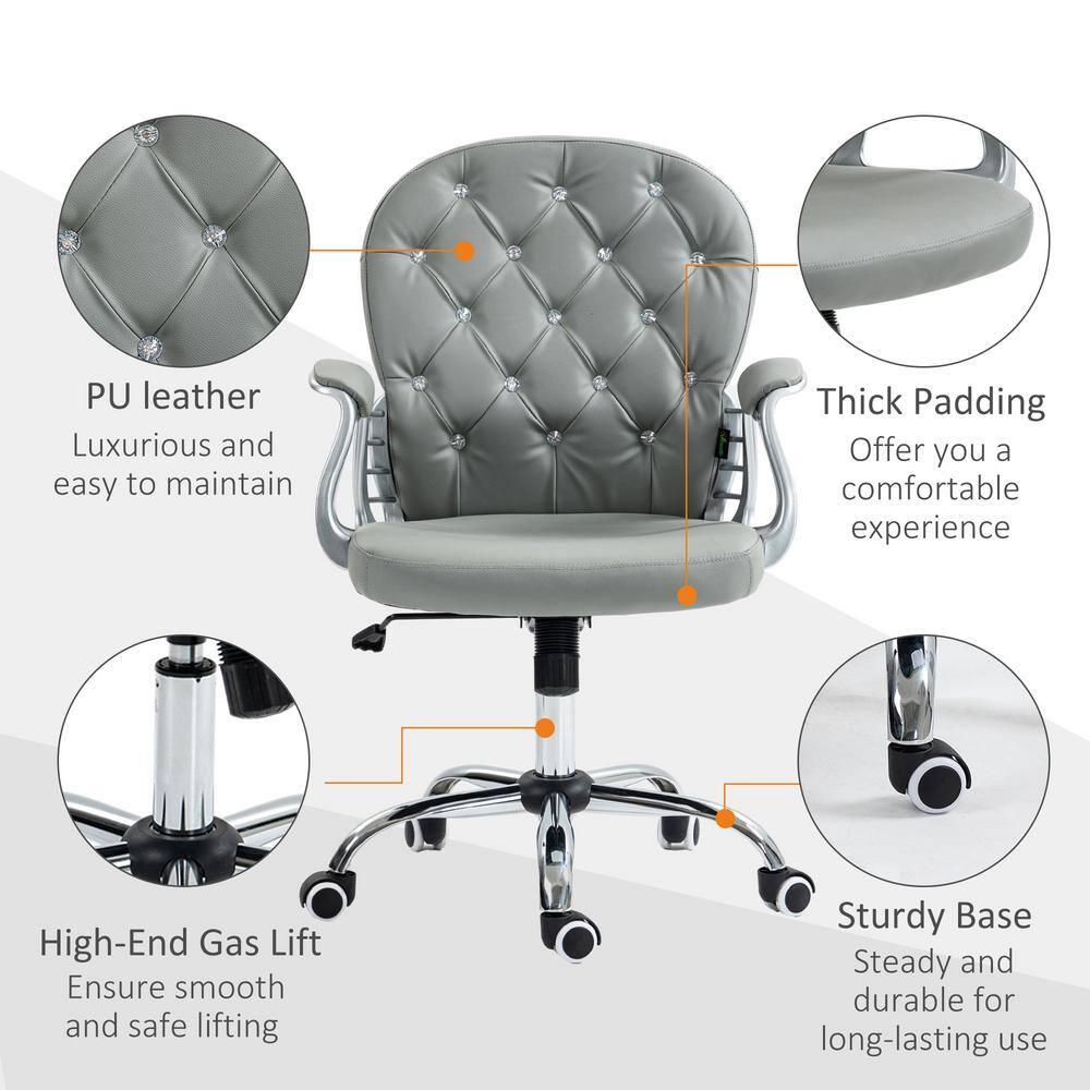 Vinsetto Vanity PU Leather Mid Back Office Chair Swivel Tufted Backrest Task Chair with Padded Armrests, Adjustable Height, Rolling Wheels, Gray