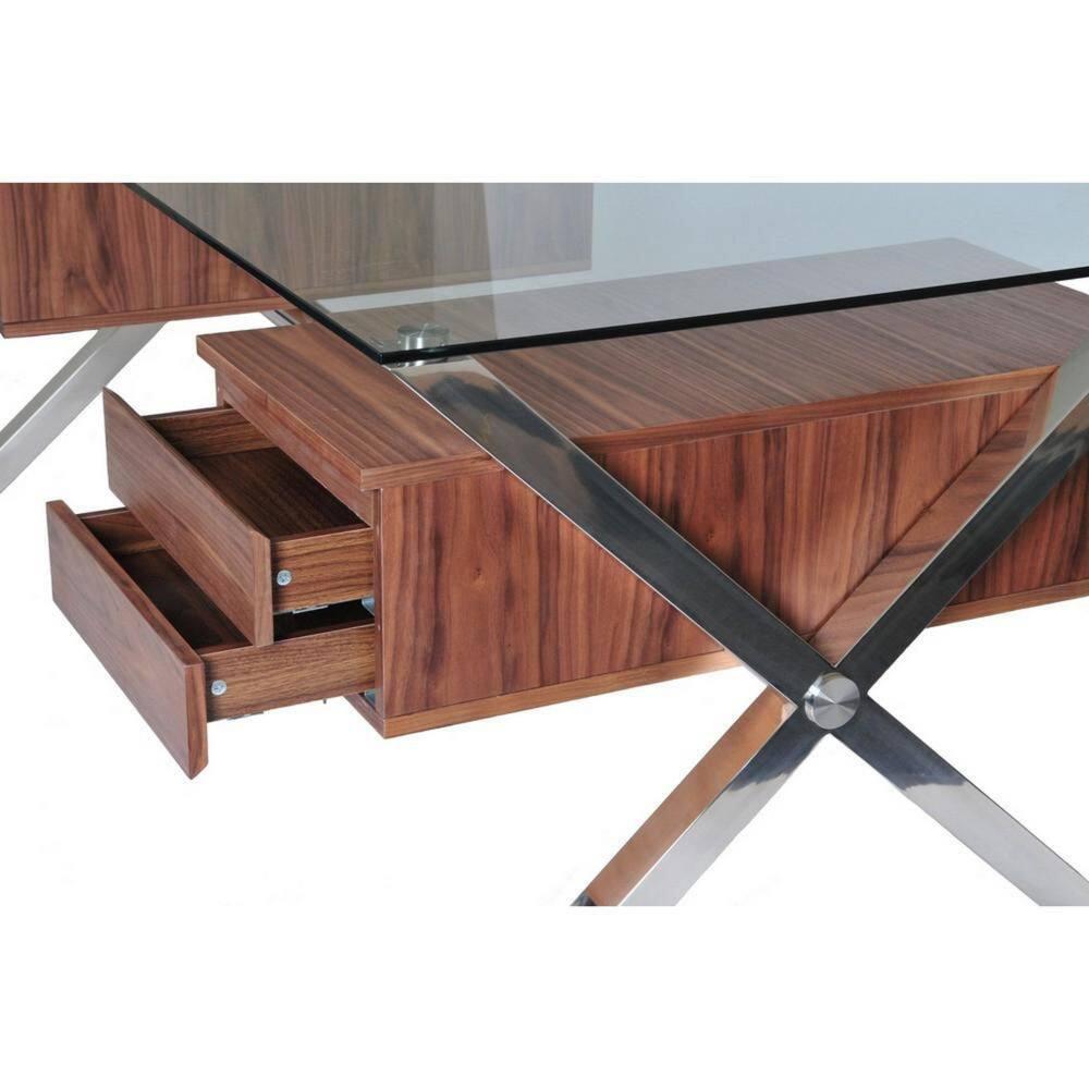 Benjara Tia 71 Inch Large Office Desk, Glass Tempered Top, 4 Drawers, Light Brown