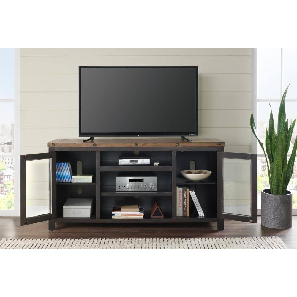 TV Stand with 2 Doors and Open Cubbies, Brown and Black- Saltoro Sherpi