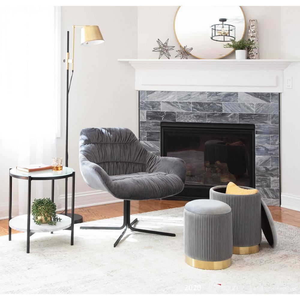 LumiSource Marla Contemporary Nesting Pleated Ottomans Gold/Gray: Velvet Upholstered, Metal Legs, No Assembly Required