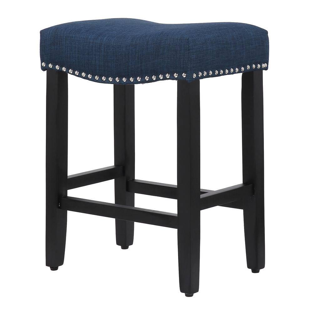 Westin Outdoor Yazan 24" Upholstered Bar Stool with Nail Head Trim (Set of 2), Black/Navy Blue