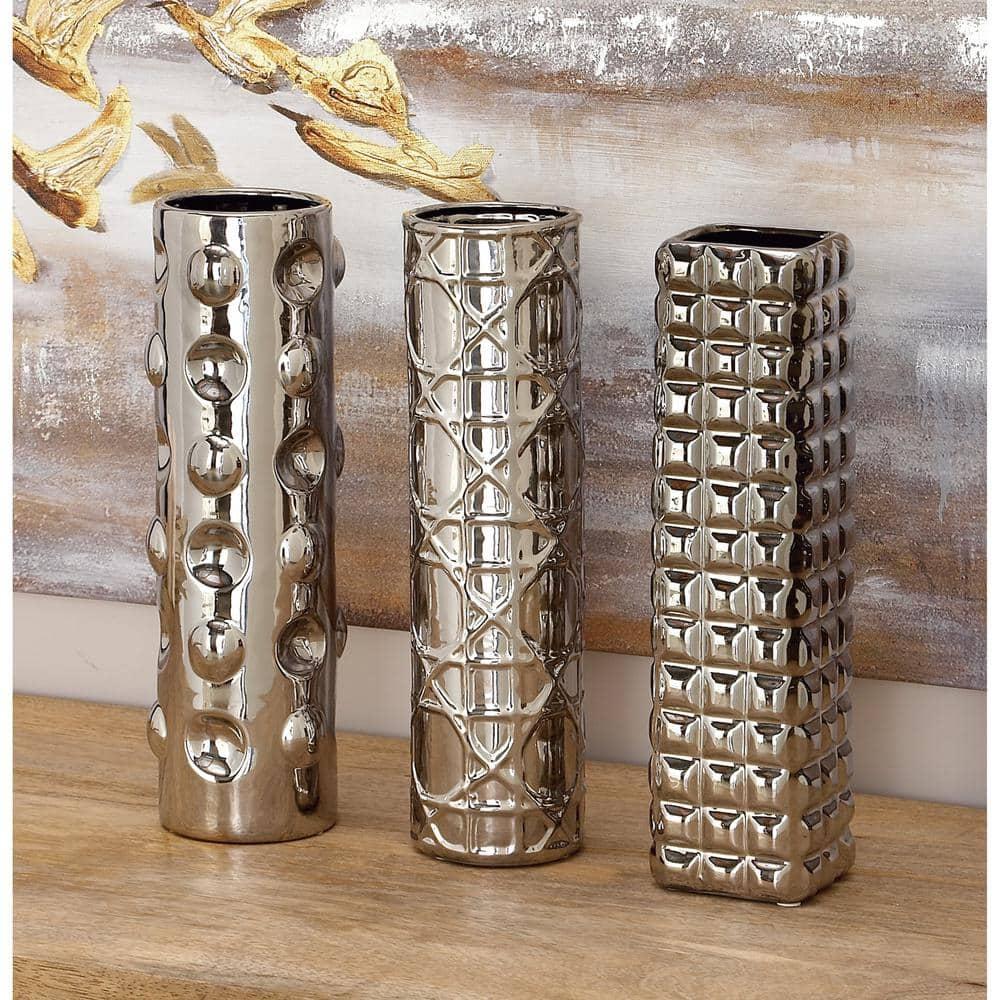DecMode 4"W, 12"H Silver Ceramic Vase with Varying Patterns, Set of 3