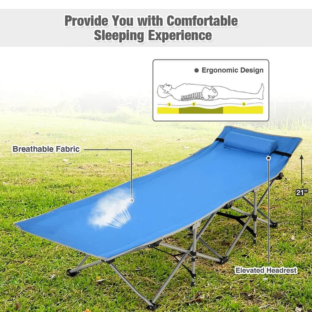 Folding Camping Cot Heavy-Duty Outdoor Cot Bed w/ Side Storage Pocket Blue